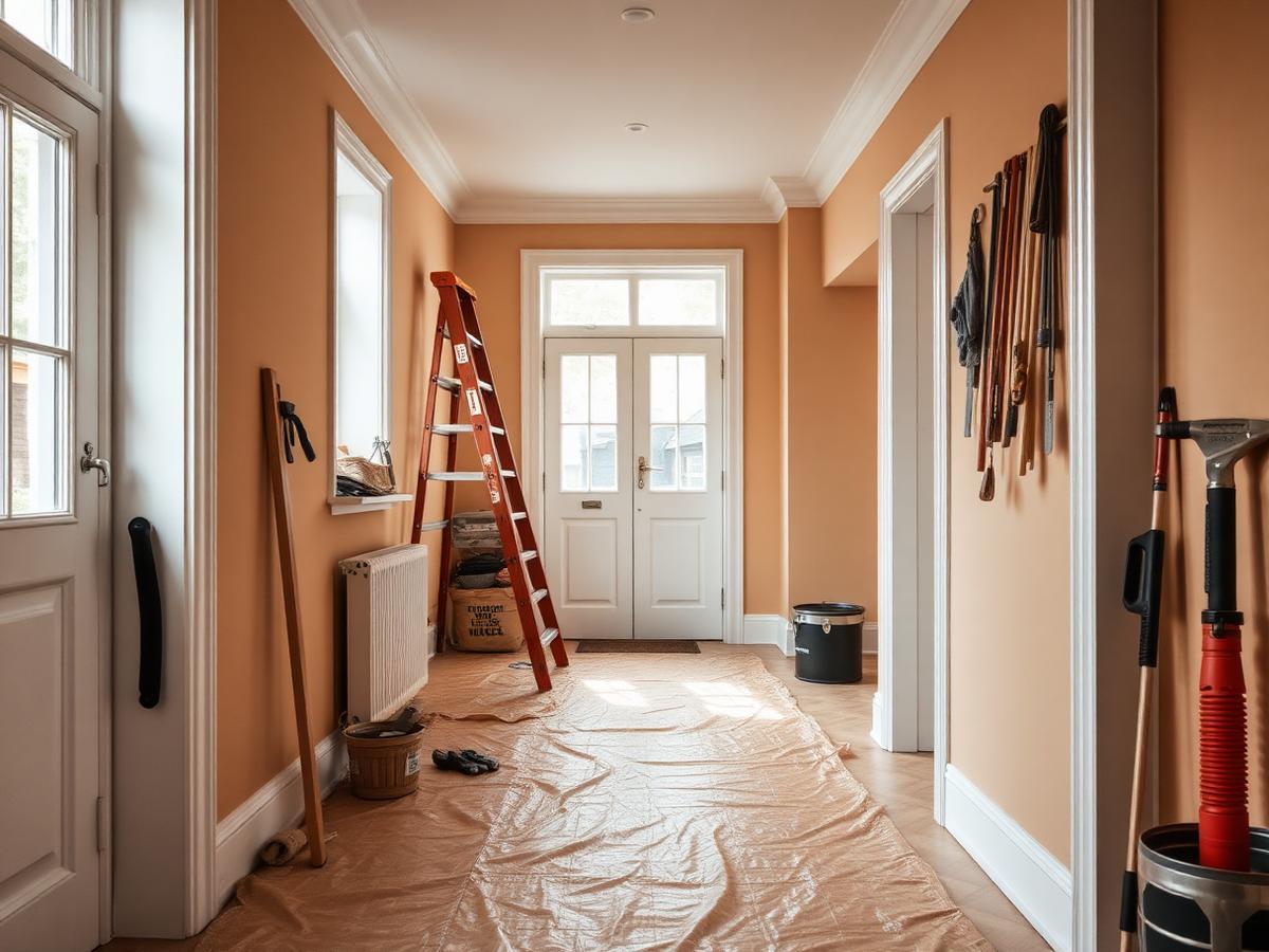 Hall under renovering med skyddstäckt golv, stege och verktyg